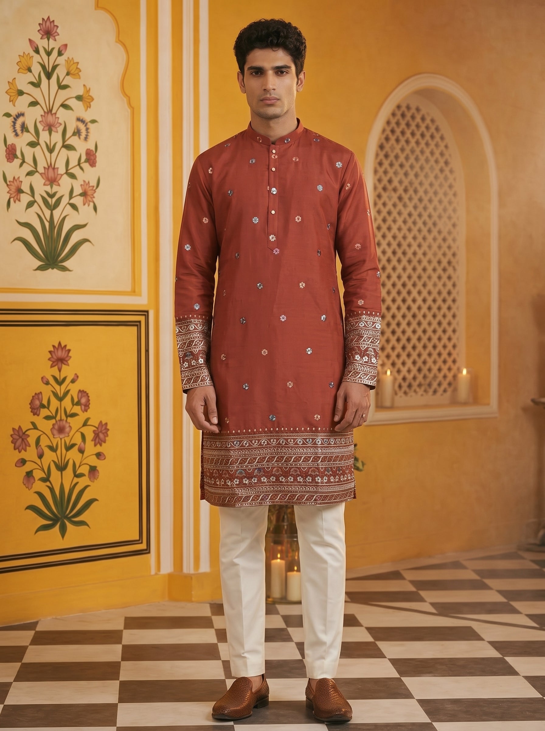 Aespen Maroon Kurta For Men With Thread and Sequins Embroidery - Aespenfashion.com