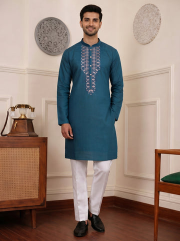 Aespen Teal Kurta For Men With Thread and Sequins Embroidery - Aespenfashion.com
