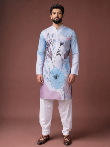 Aespen Light Blue  Kurta For Men With Floral Foil Print - Aespenfashion.com