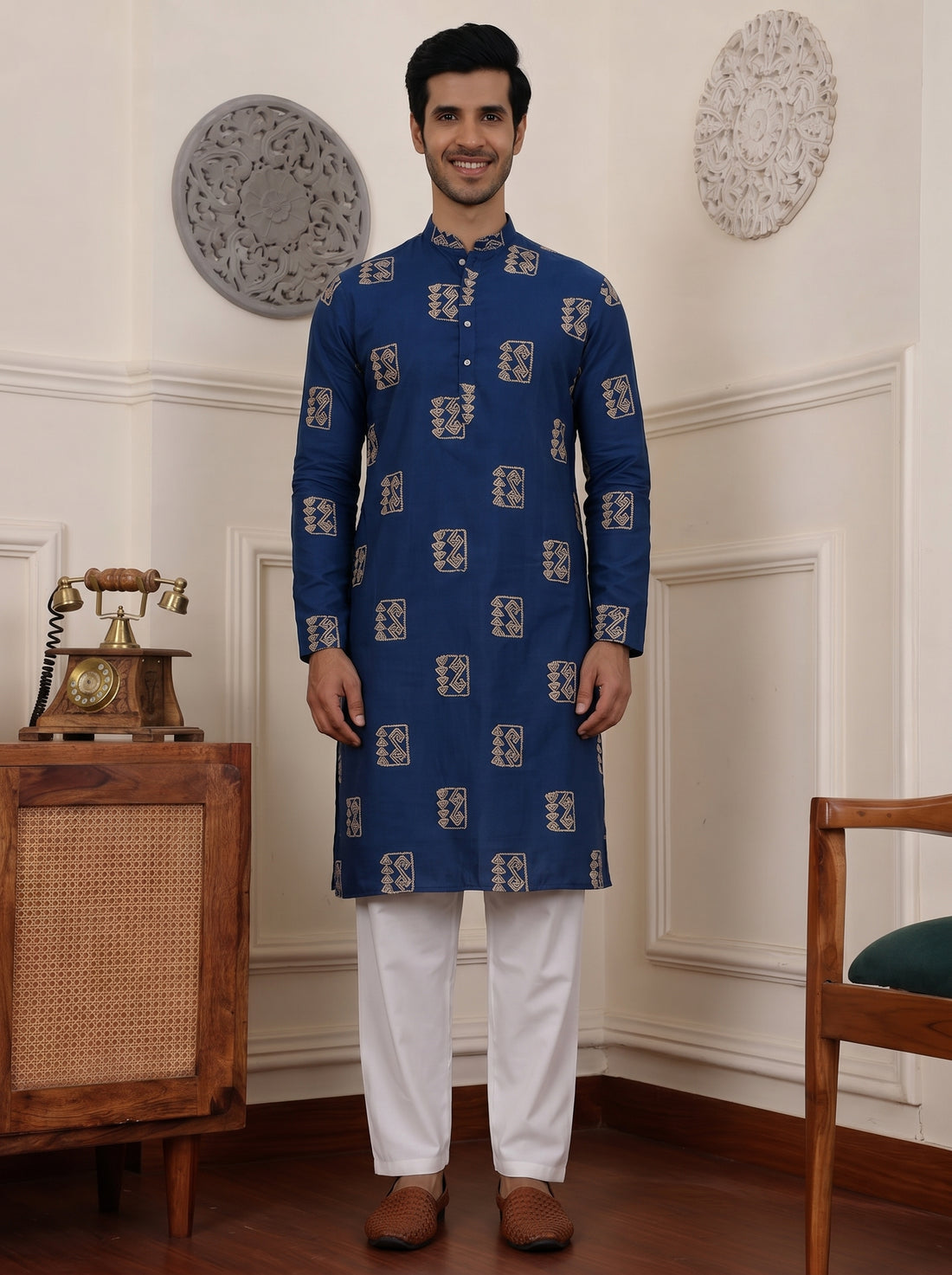 Aespen Teal Blue Cotton Silk Kurta For Men With Goemetric Embroidered Pattern - Aespenfashion.com