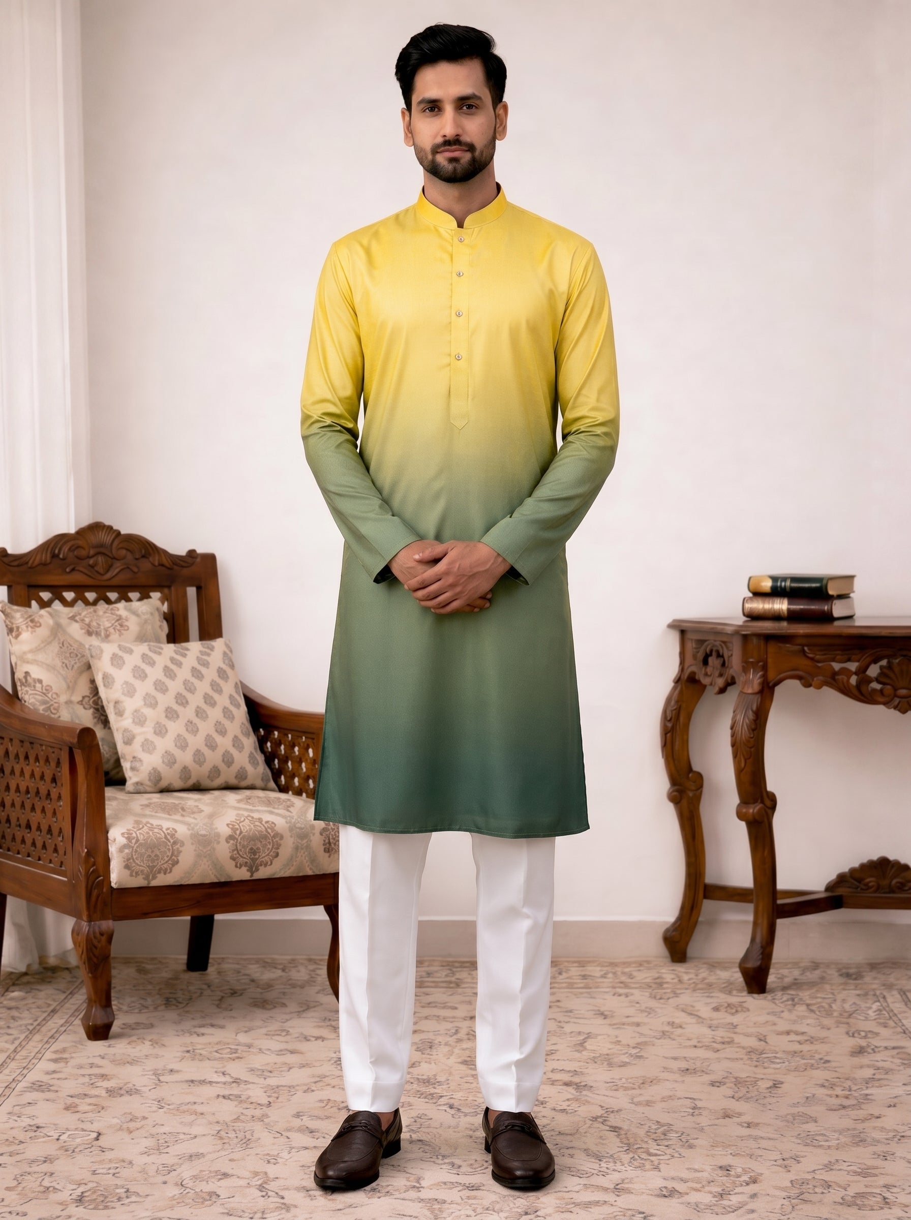 Aespen Yellow and Green Ombre Kurta For Men - Aespenfashion.com