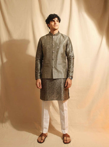 Aespen Olive Tussar Silk Kurta Jacket Set For Men With Zari Embroidery