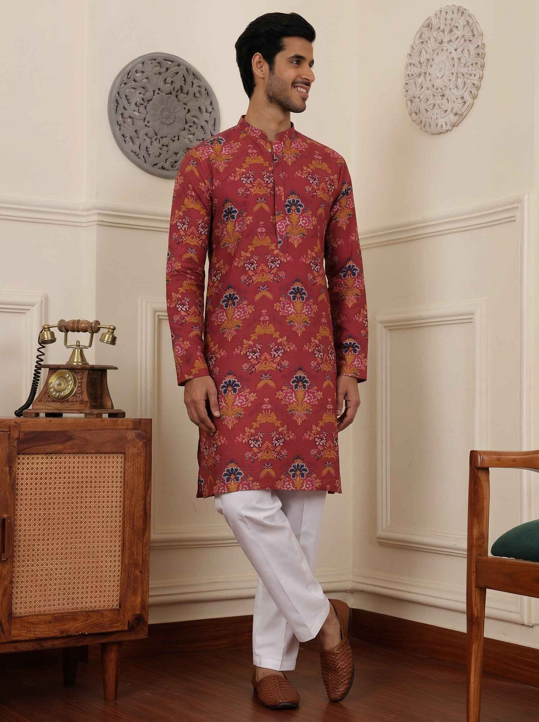 Aespen Maroon Crepe Kurta For Men With Ethnic Motif