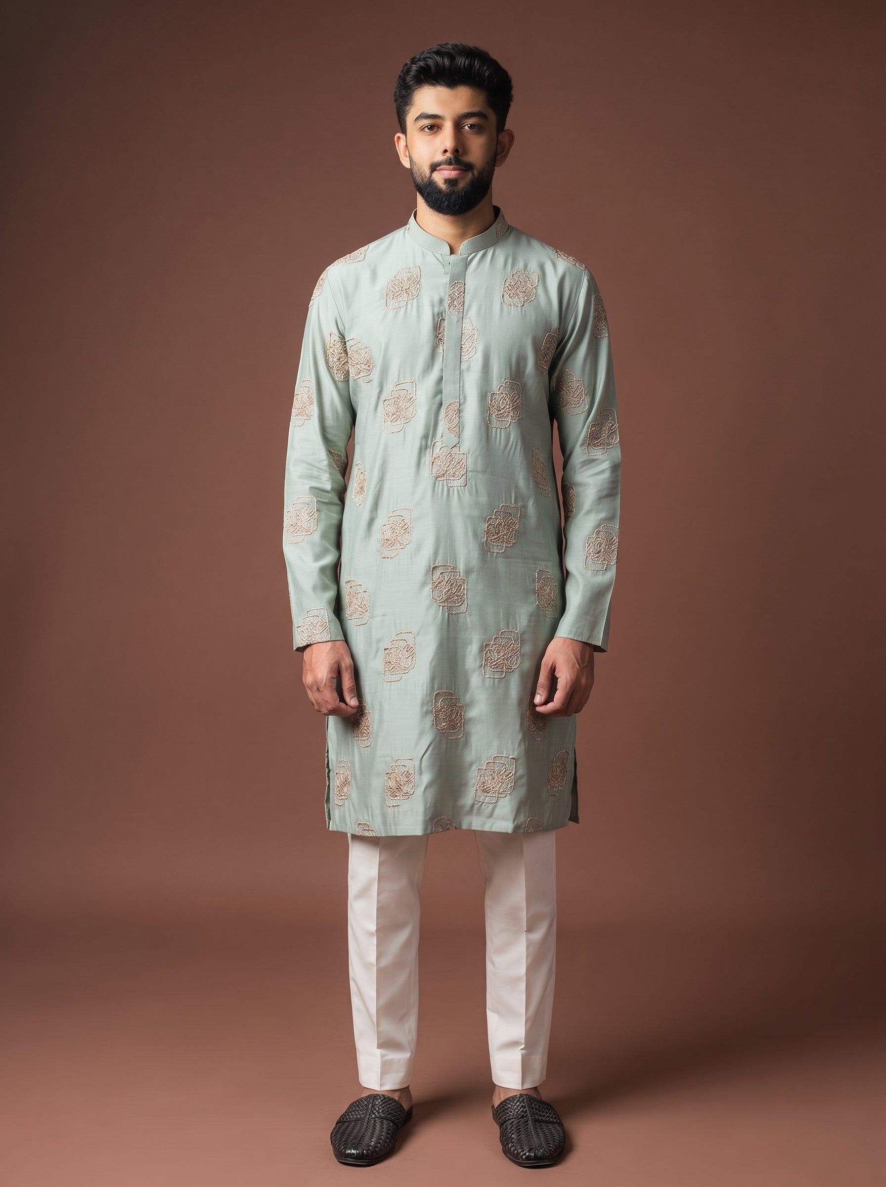 Aespen Sage Green Cotton Silk Kurta For Men With Floral Embroidered Pattern - Aespenfashion.com