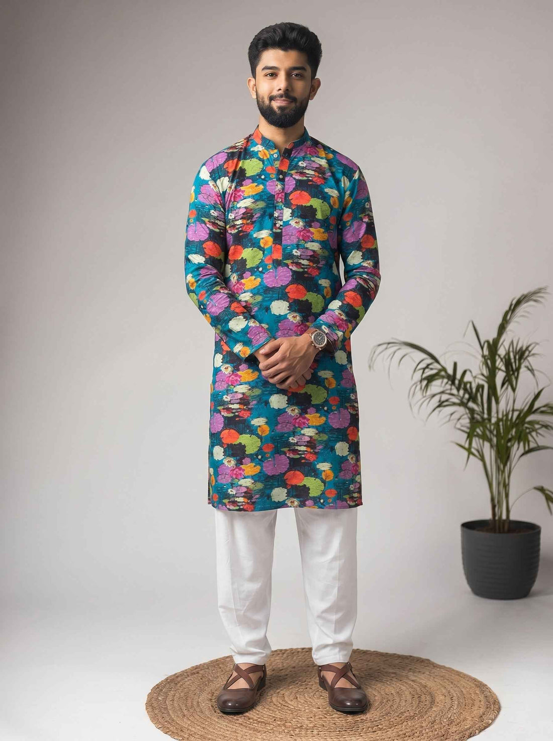 Aespen Teal Green Crepe Kurta For Men With Floral Motif