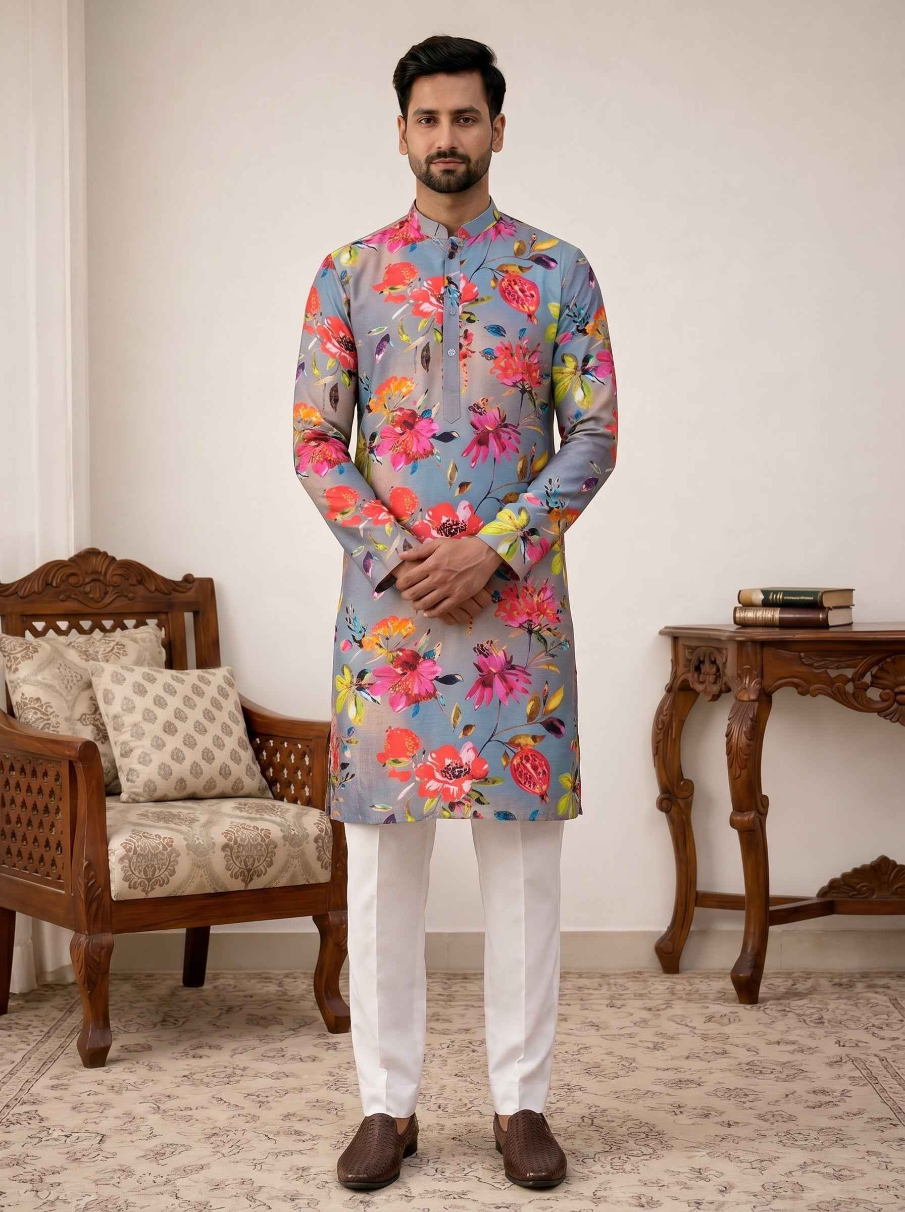 Aespen Ombre Grey Crepe Kurta For Men With Floral Motif
