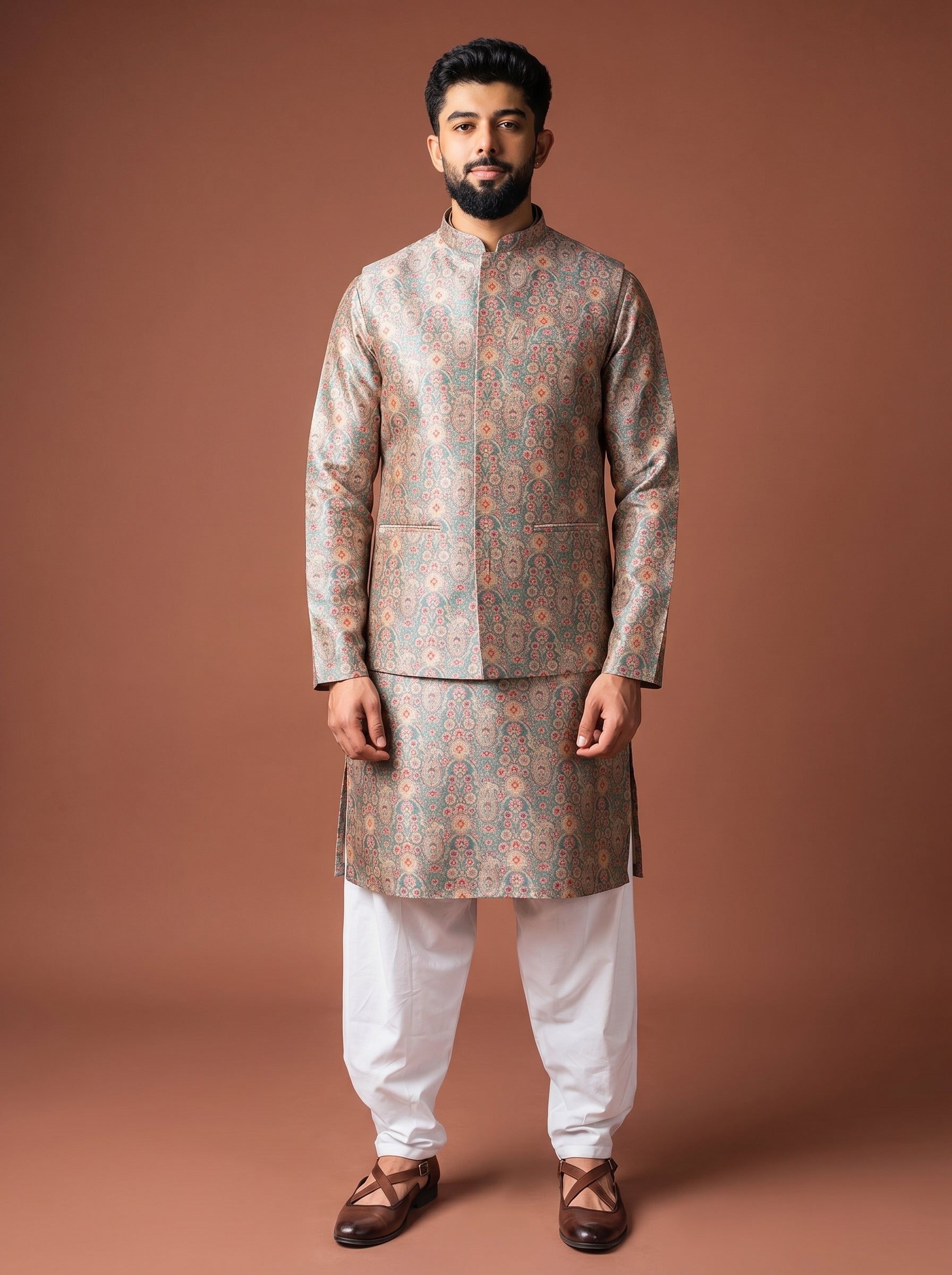 Aespen Green Multi Jaquard Kurta Jacket Set For Men With Printed Design - Aespenfashion.com