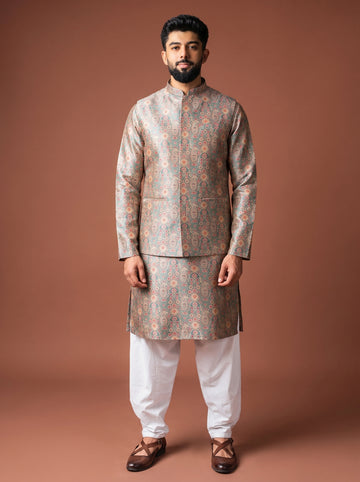 Aespen Green Multi Jaquard Kurta Jacket Set For Men With Printed Design - Aespenfashion.com