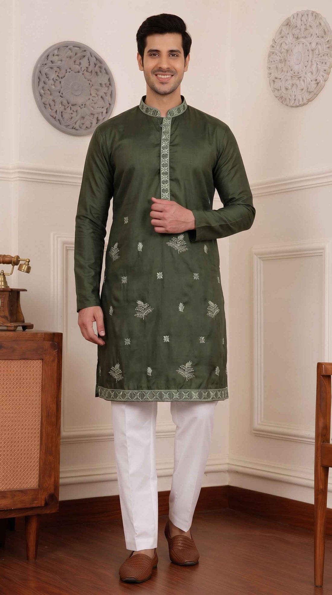 Aespen Olive Green Raw Silk Kurta For Men With Thread and Sequins Embroidery