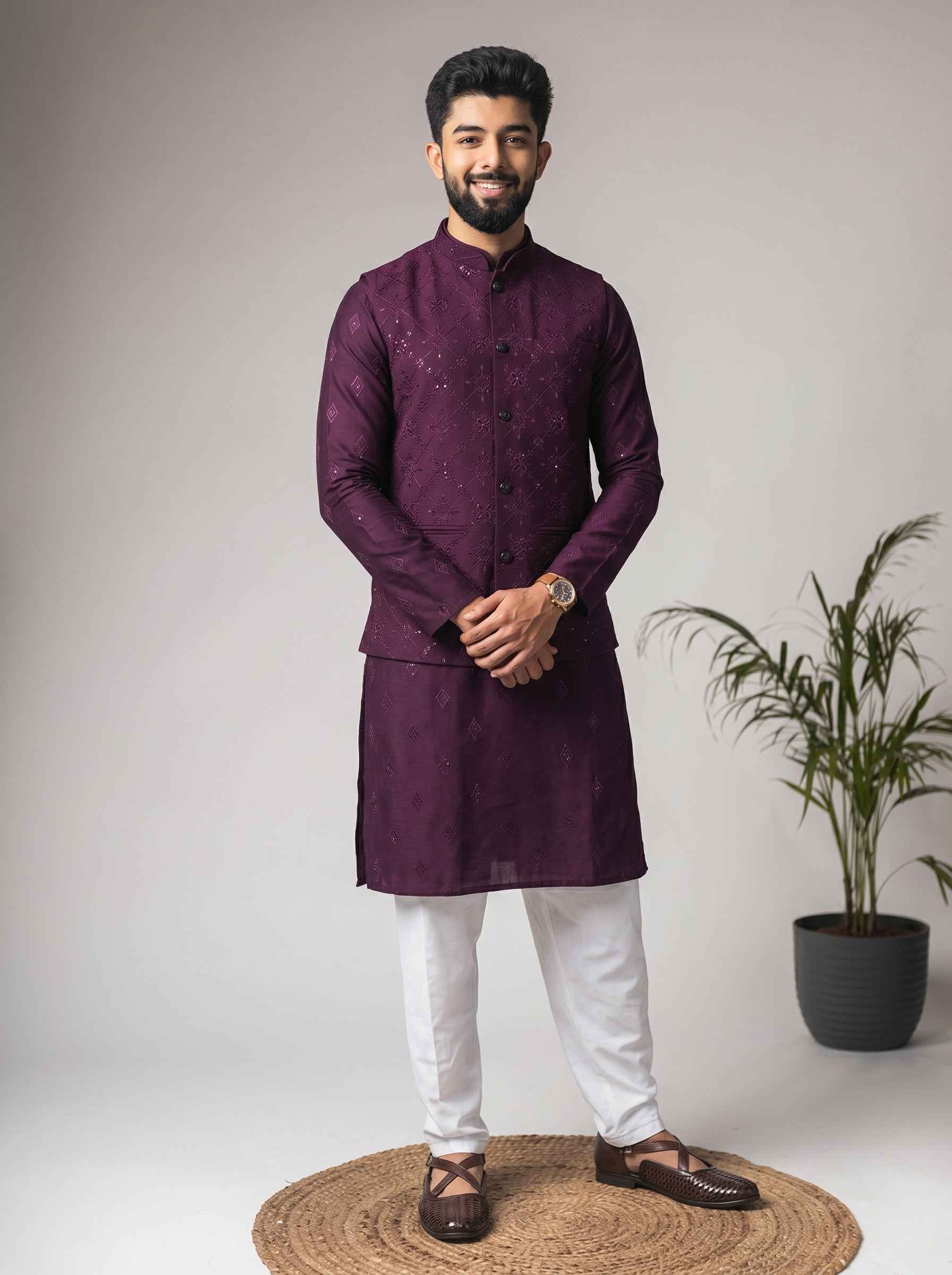 Aespen Purple Lurex Cotton Kurta Jacket Set For Men With Thread And Sequins Embroidery