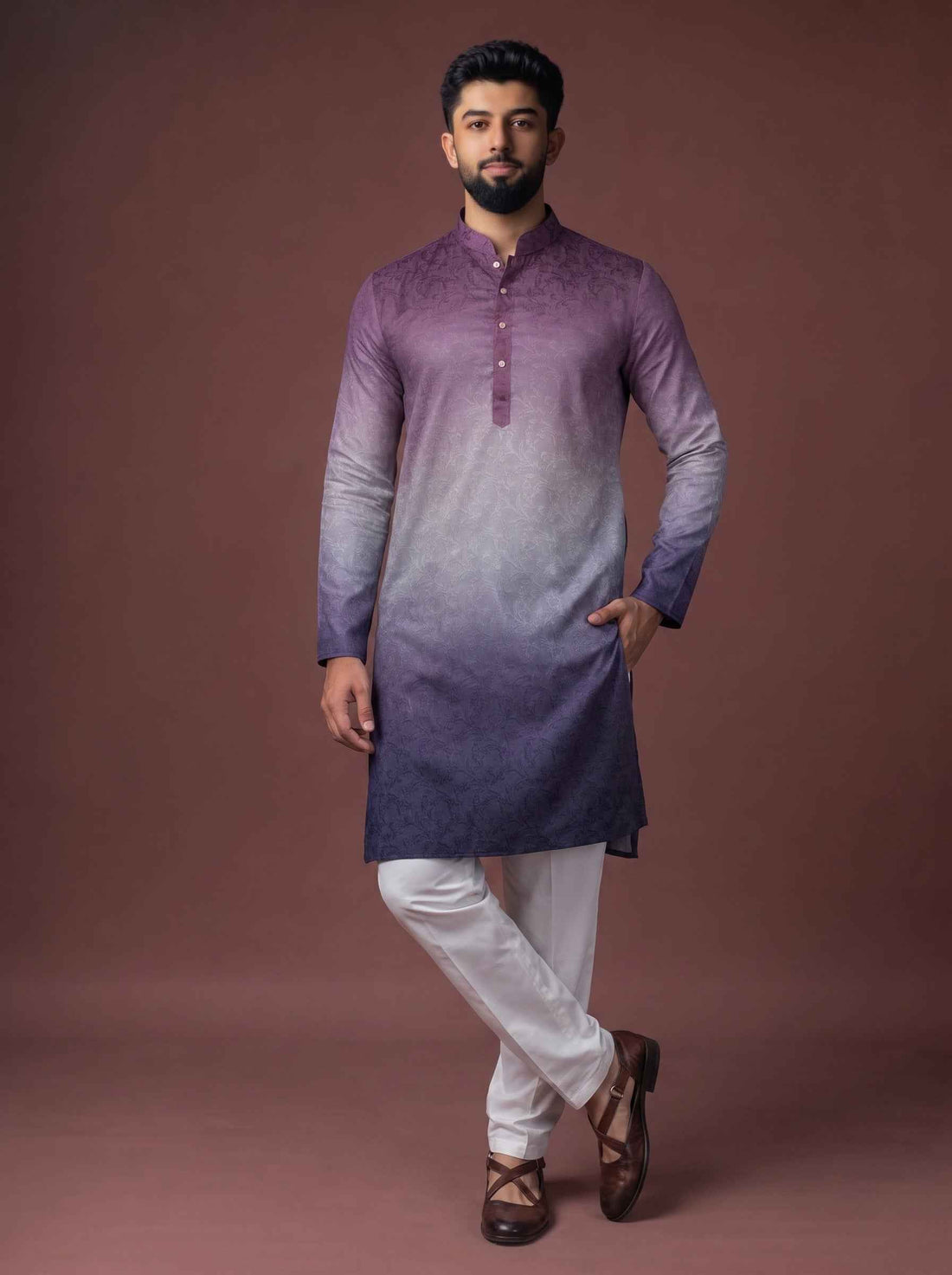 Aespen Purple Jaquard Kurta Jacket Set For Men With Printed Design - Aespenfashion.com