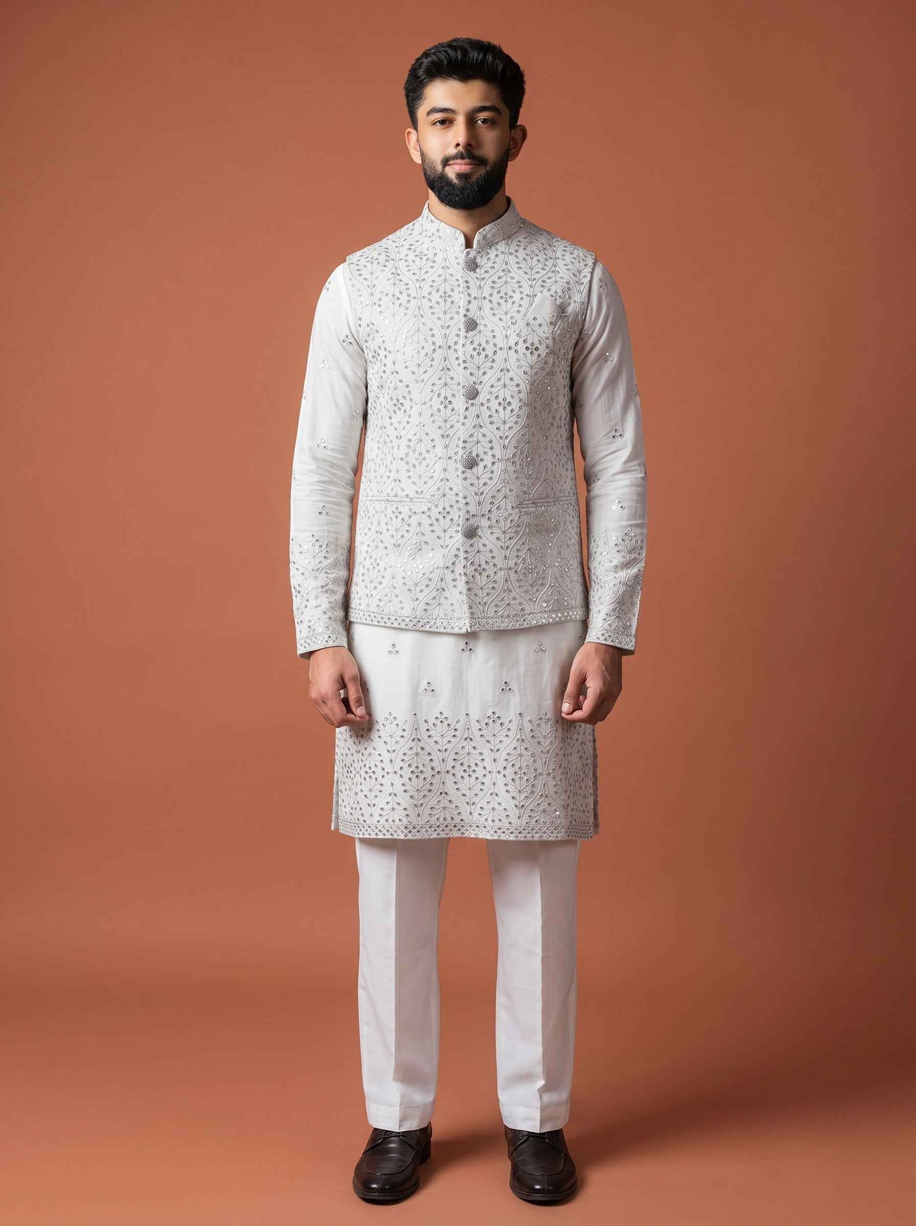 Aespen Offwhite Cotton Silk Kurta Jacket Set For Men With Sequins Embroidery