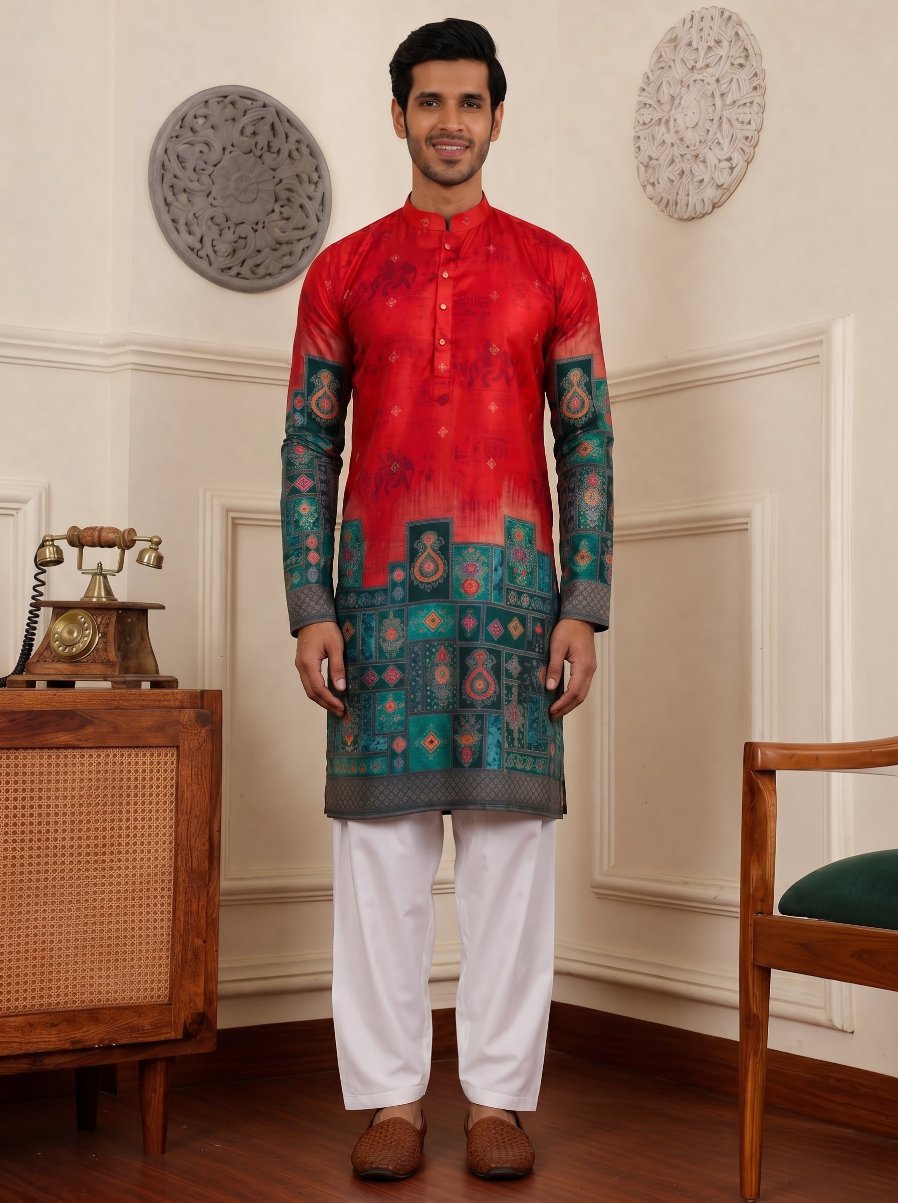Aespen Red Jacquard Kurta For Men With Animal Motif and Banarasi Weave - Aespenfashion.com