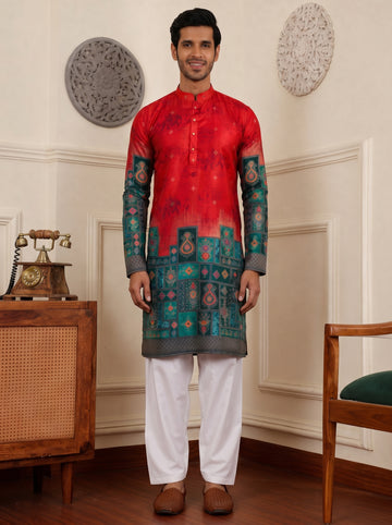 Aespen Red Jacquard Kurta For Men With Animal Motif and Banarasi Weave - Aespenfashion.com