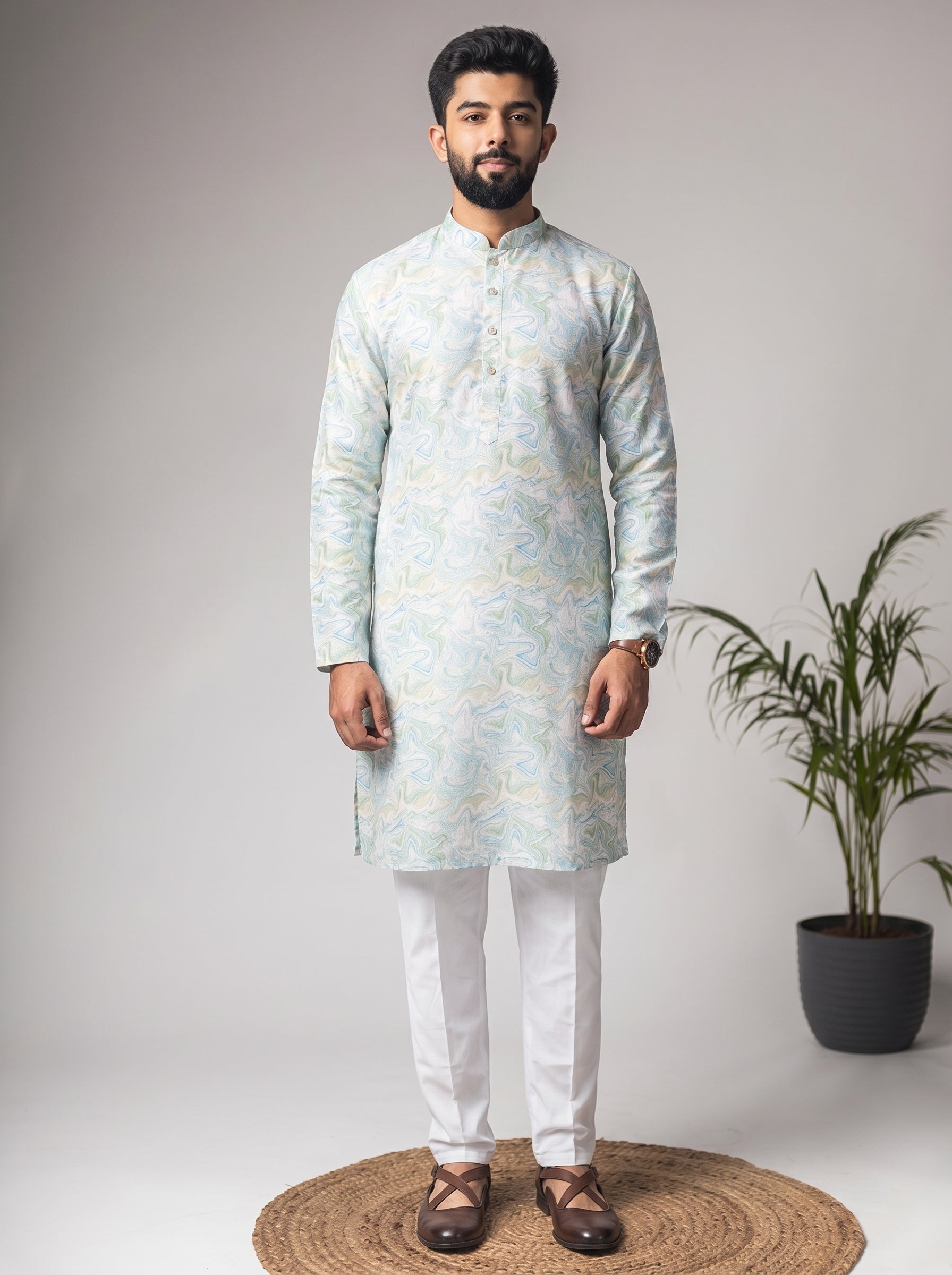 Aespen MultiColor Jacquard Kurta For Men With Abstract Print - Aespenfashion.com