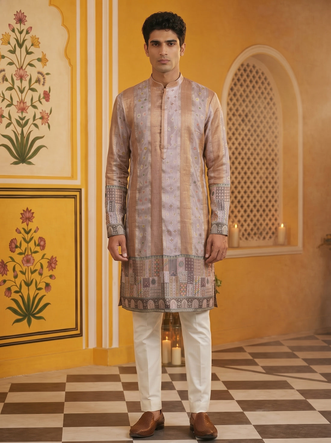 Aespen Beige Jacquard Kurta For Men With Floral Zari Embroidery - Aespenfashion.com