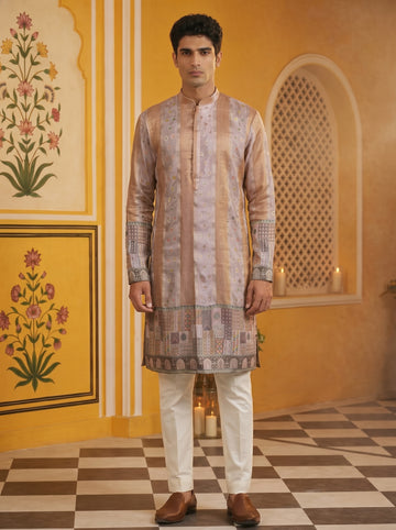 Aespen Beige Jacquard Kurta For Men With Floral Zari Embroidery - Aespenfashion.com