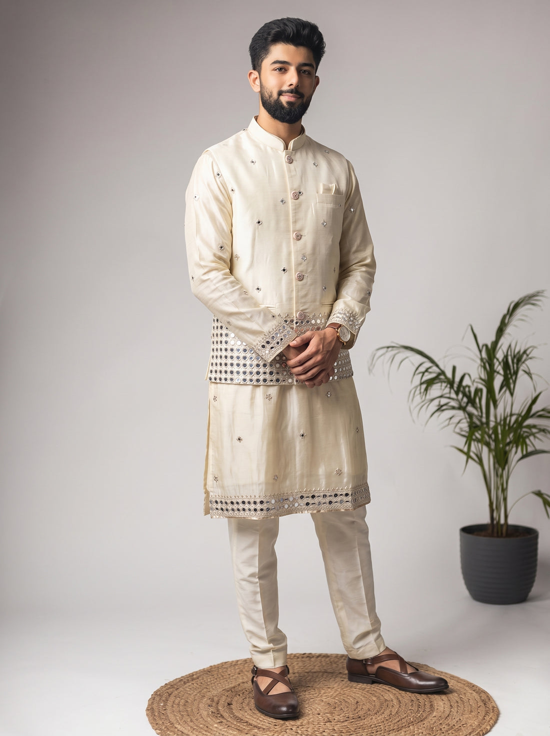 Aespen Beige Tissue Kurta Jacket Set For Men With Mirror Work Embroidery - Aespenfashion.com