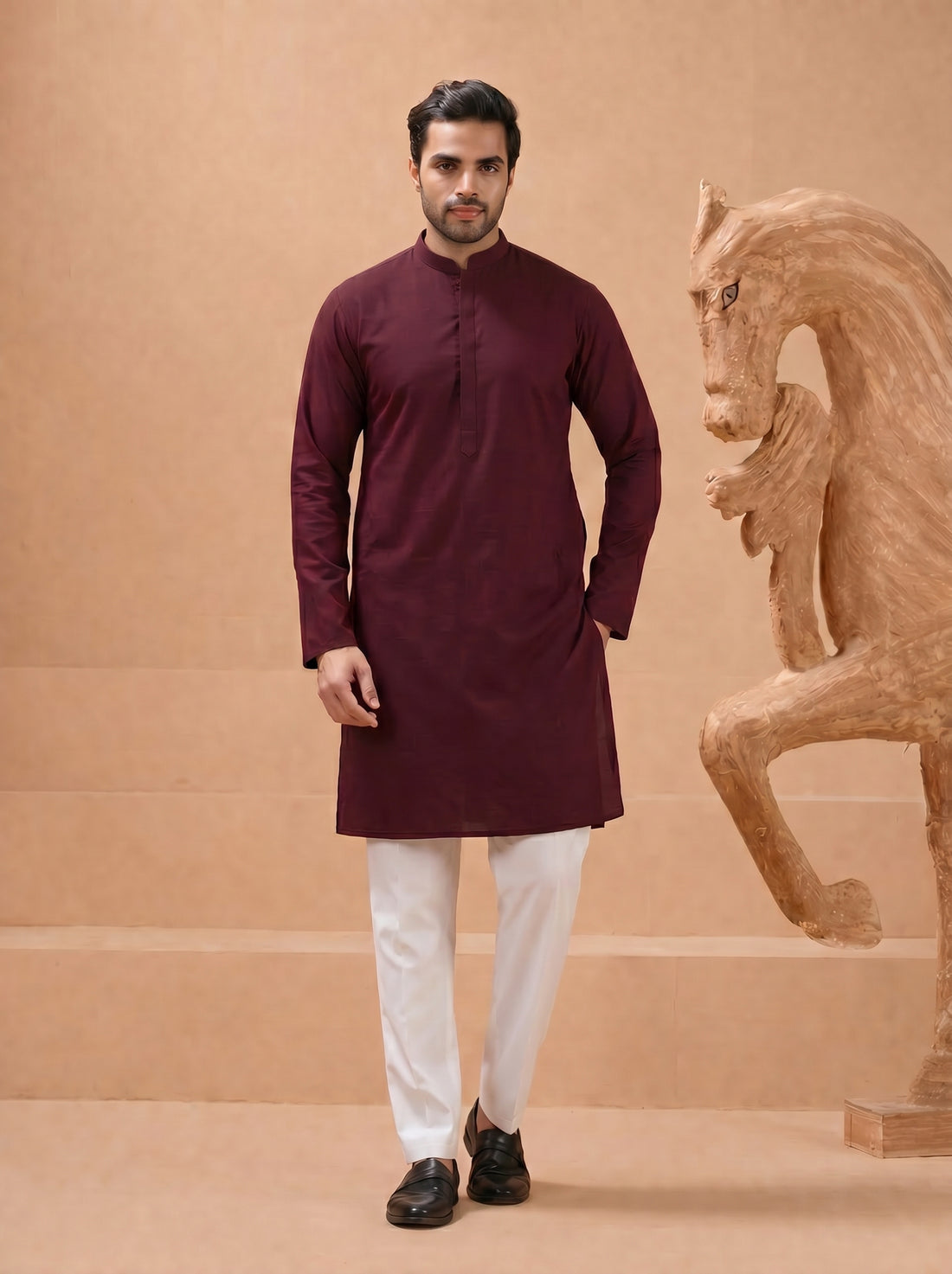 Aespen Rich Maroon Cotton Silk Kurta For Men - Aespenfashion.com