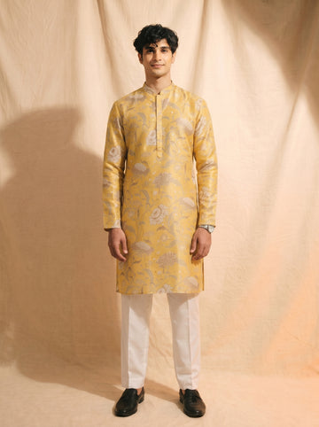 Aespen Mustard Tissue Silk Kurta For Men With Floral Motif - Aespenfashion.com