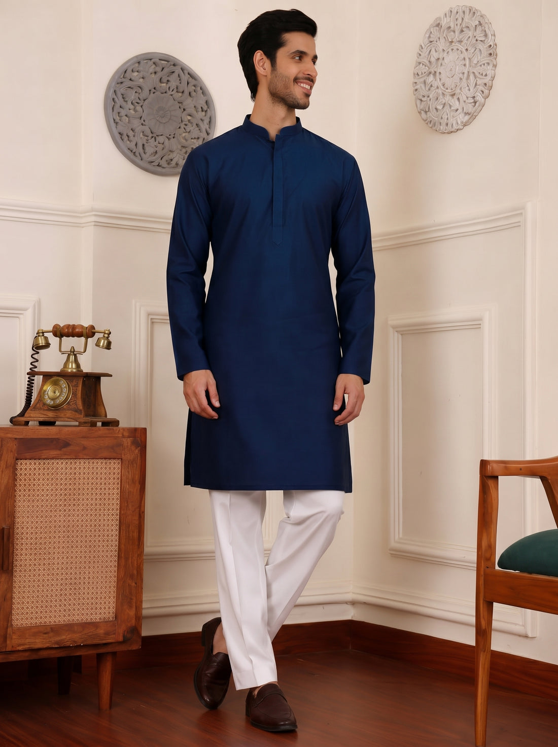 Aespen  Classic Teal Cotton Silk Kurta For Men - Aespenfashion.com