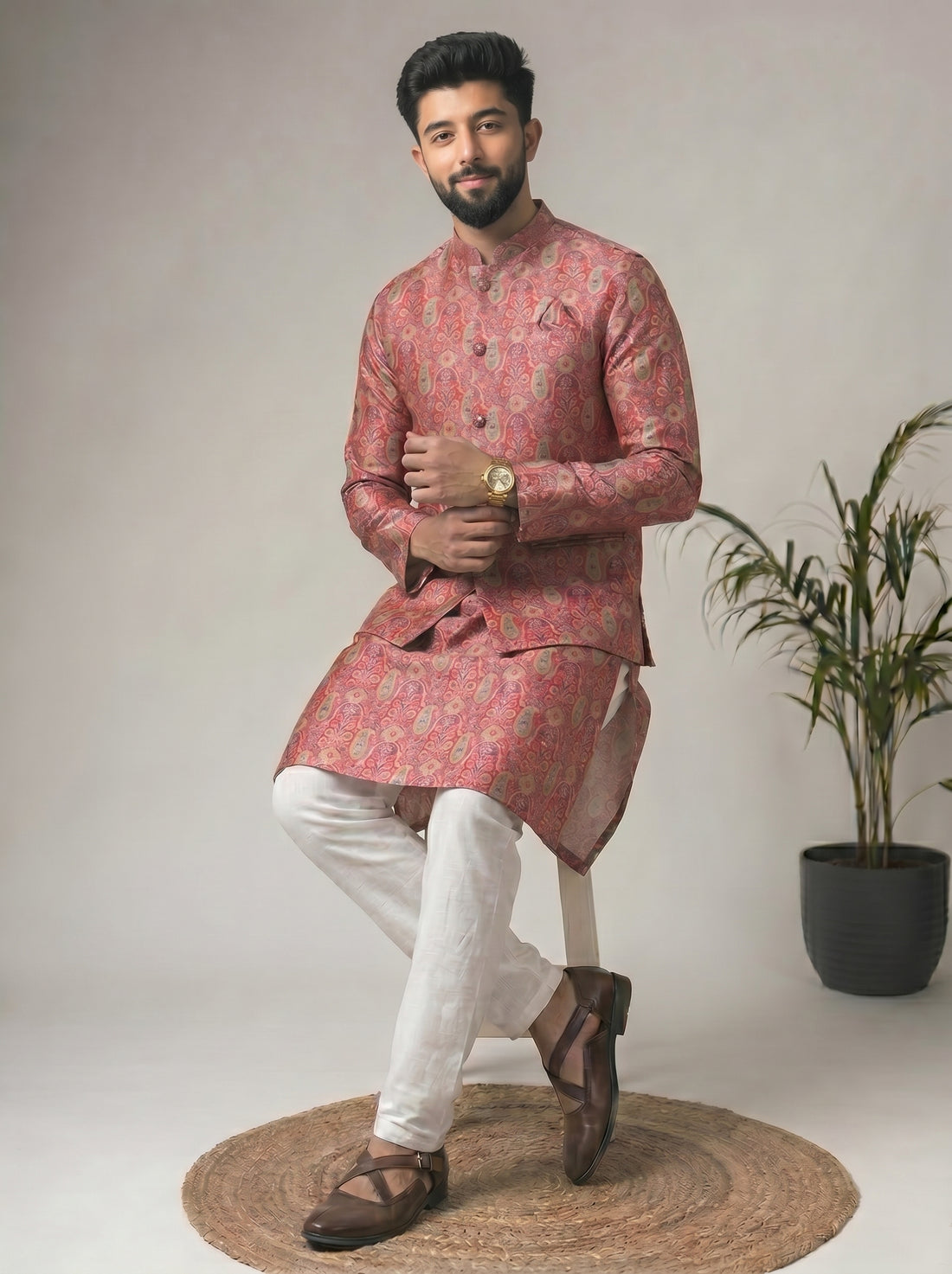 Aespen Multi Jaquard Kurta Jacket Set For Men With Printed Design - Aespenfashion.com