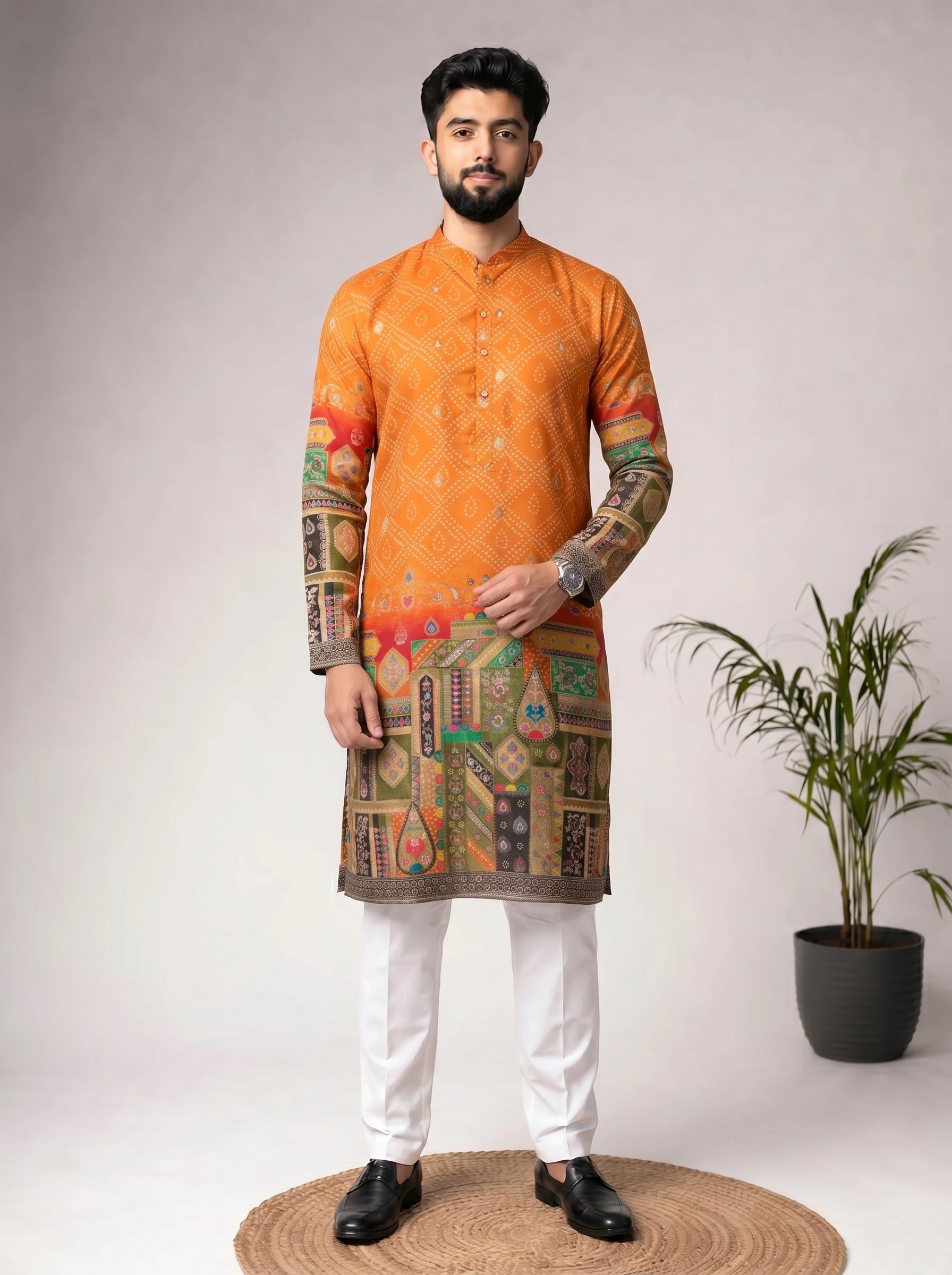 Aespen Mustard Jacquard Kurta For Men With Bandhani Print and Banarasi Weave - Aespenfashion.com