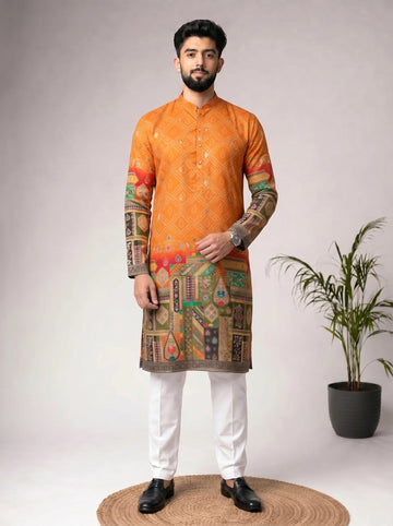 Aespen Mustard Jacquard Kurta For Men With Bandhani Print and Banarasi Weave - Aespenfashion.com