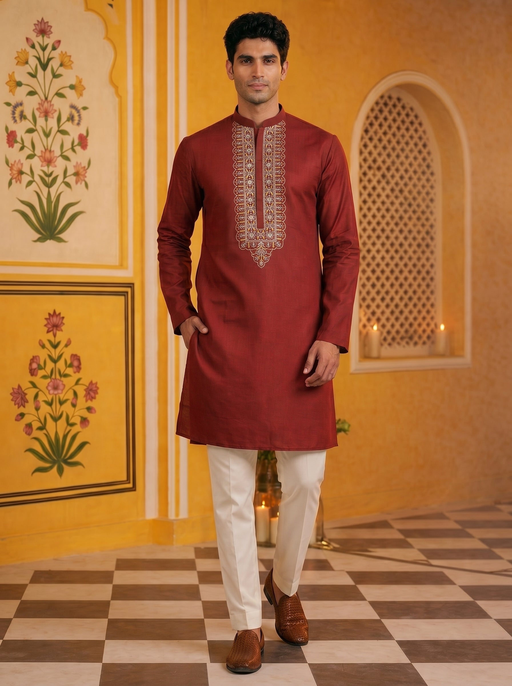 Aespen Maroon Kurta For Men With Thread and Sequins Embroidery Work - Aespenfashion.com