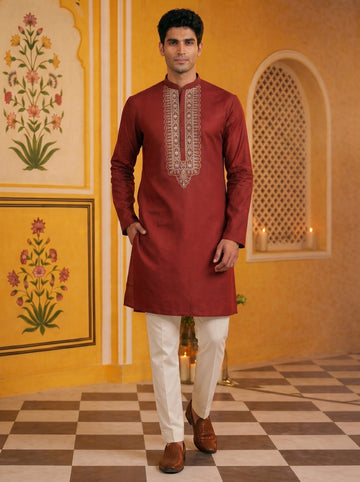 Aespen Maroon Kurta For Men With Thread and Sequins Embroidery Work - Aespenfashion.com