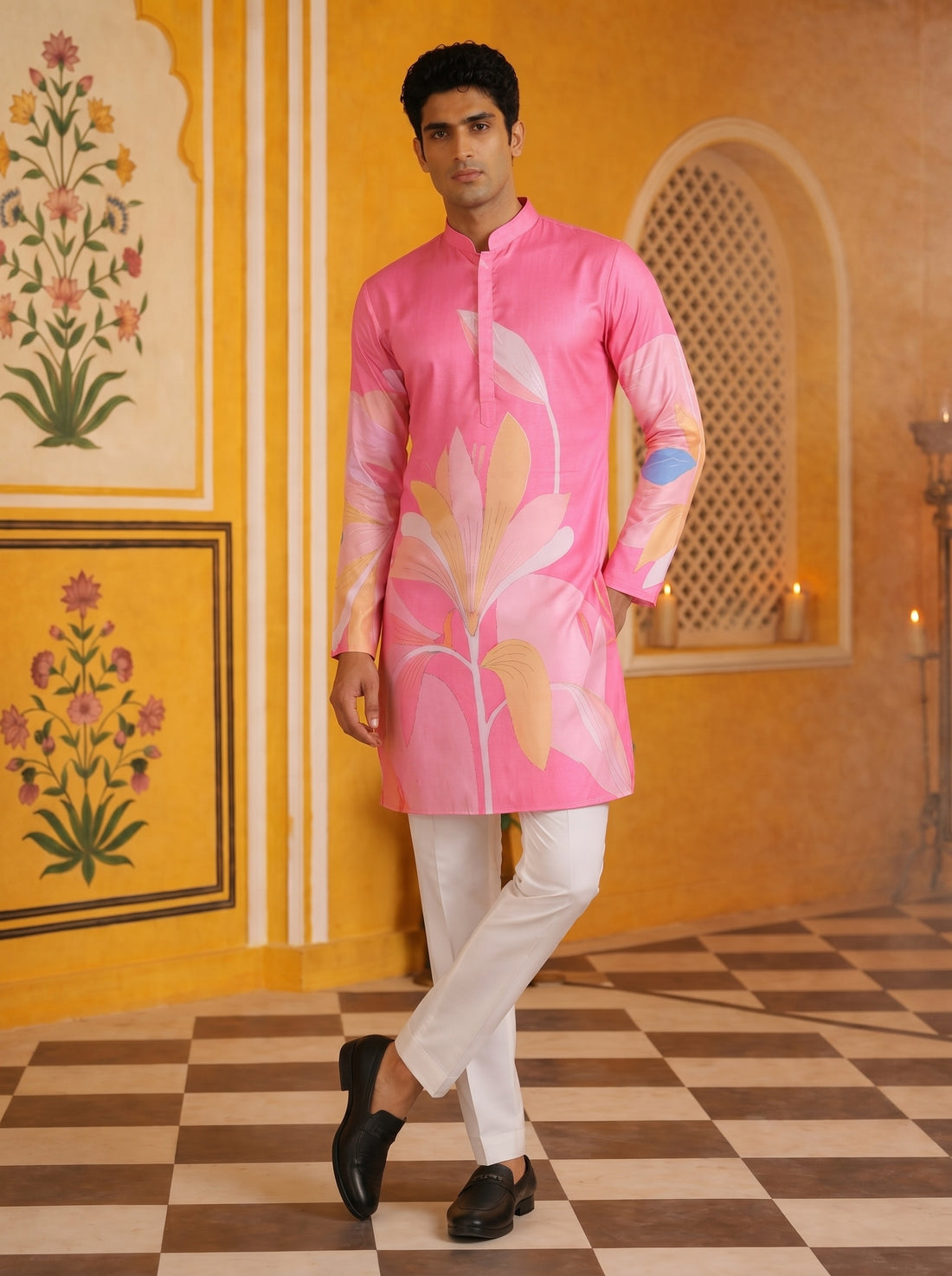 Aespen Pink Kurta For Men With Floral Golden Foil Print - Aespenfashion.com