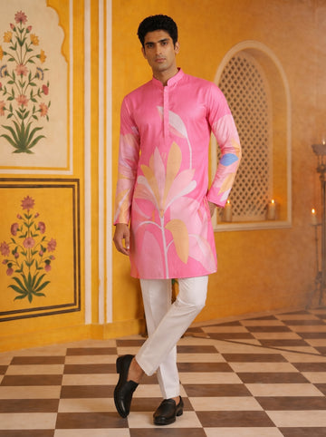 Aespen Pink Kurta For Men With Floral Golden Foil Print - Aespenfashion.com