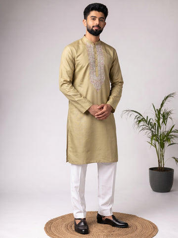 Aespen Olive Silk Kurta For Men With Thread and Sequins Embroidery - Aespenfashion.com