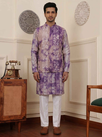 Aespen Purple Tie-Dye Kurta Jacket Set For Men With Thread Embroidery - Aespenfashion.com