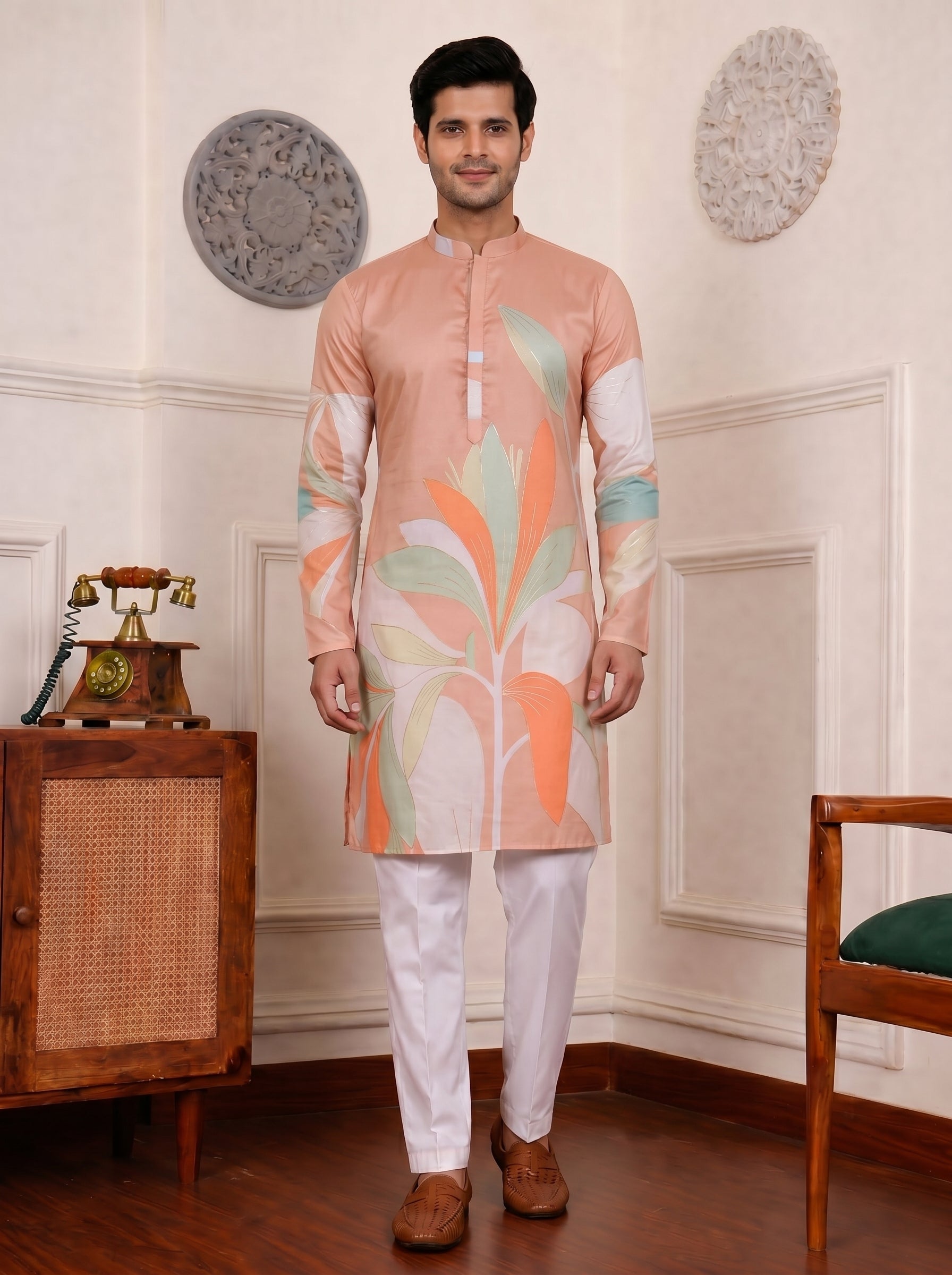 Aespen Caramel Kurta For Men With Floral Foil Print - Aespenfashion.com