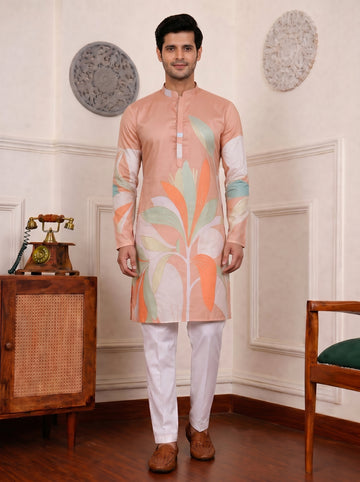 Aespen Caramel Kurta For Men With Floral Foil Print - Aespenfashion.com
