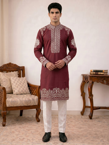 Aespen Wine Kurta For Men With Thread and Sequins Embroidery - Aespenfashion.com