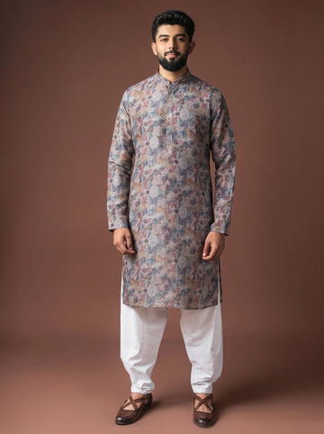 Aespen Grey Tissue Silk Kurta For Men With Abstract Motif - Aespenfashion.com