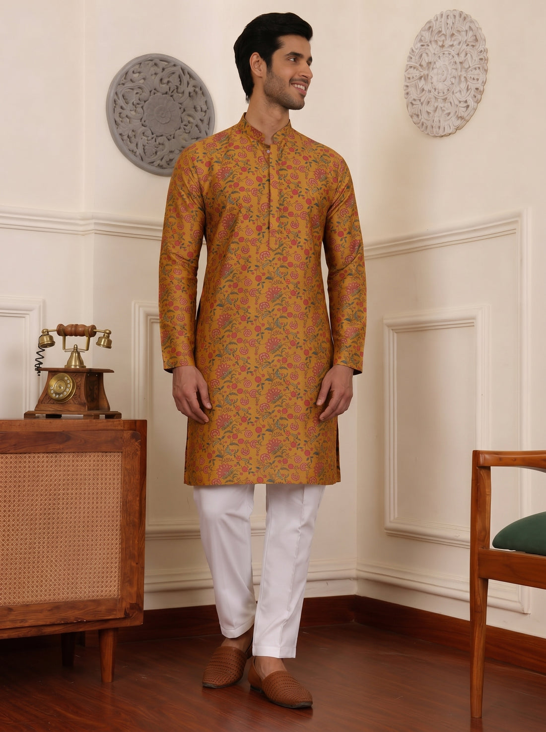 Aespen Mustard Cotton Silk Kurta For Men With Printed Ethnic Motif - Aespenfashion.com