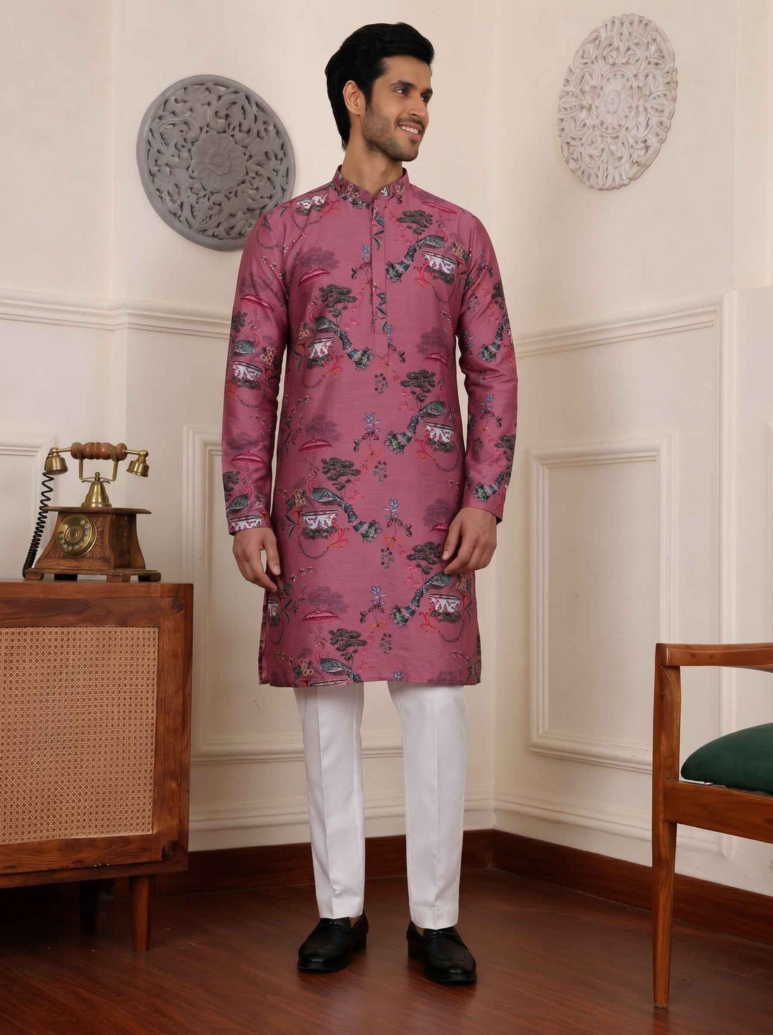 Aespen Mauve Crepe Kurta for Men with Botanical Print - Stylish and Comfortable Attire