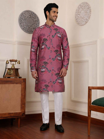 Aespen Mauve Crepe Kurta for Men with Botanical Print - Stylish and Comfortable Attire