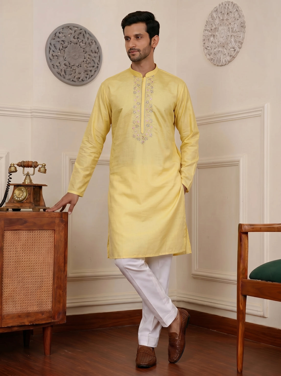 Aespen Yellow Kurta For Men With Thread and Sequins Embroidery - Aespenfashion.com