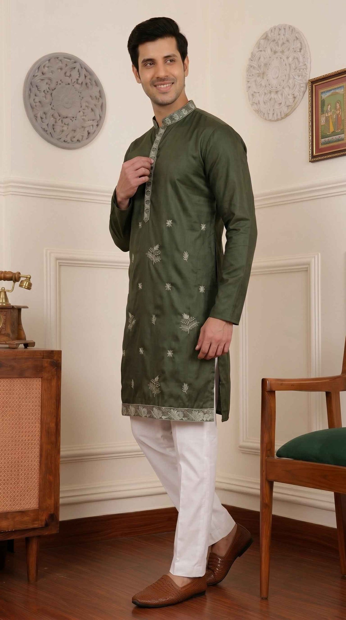 Aespen Olive Green Raw Silk Kurta For Men With Thread and Sequins Embroidery