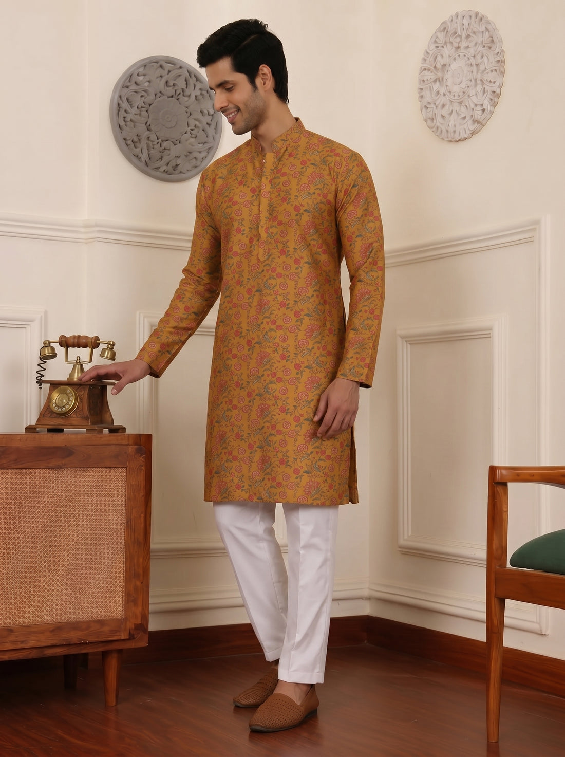 Aespen Mustard Cotton Silk Kurta For Men With Printed Ethnic Motif - Aespenfashion.com