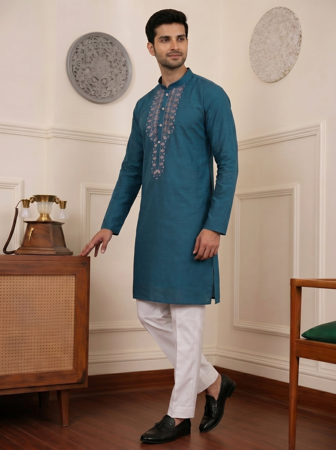 Aespen Teal Kurta For Men With Thread and Sequins Embroidery - Aespenfashion.com
