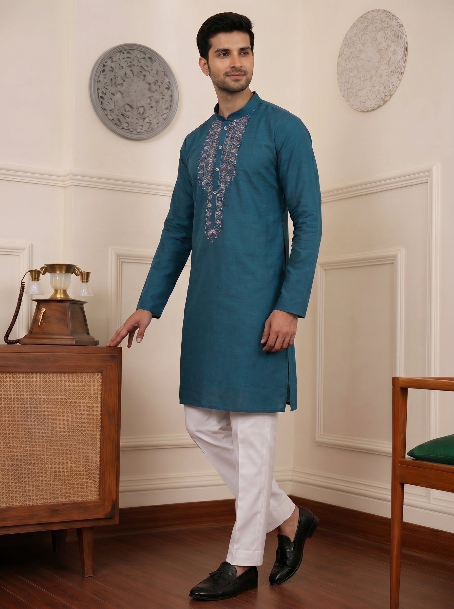 Aespen Teal Kurta For Men With Thread and Sequins Embroidery - Aespenfashion.com