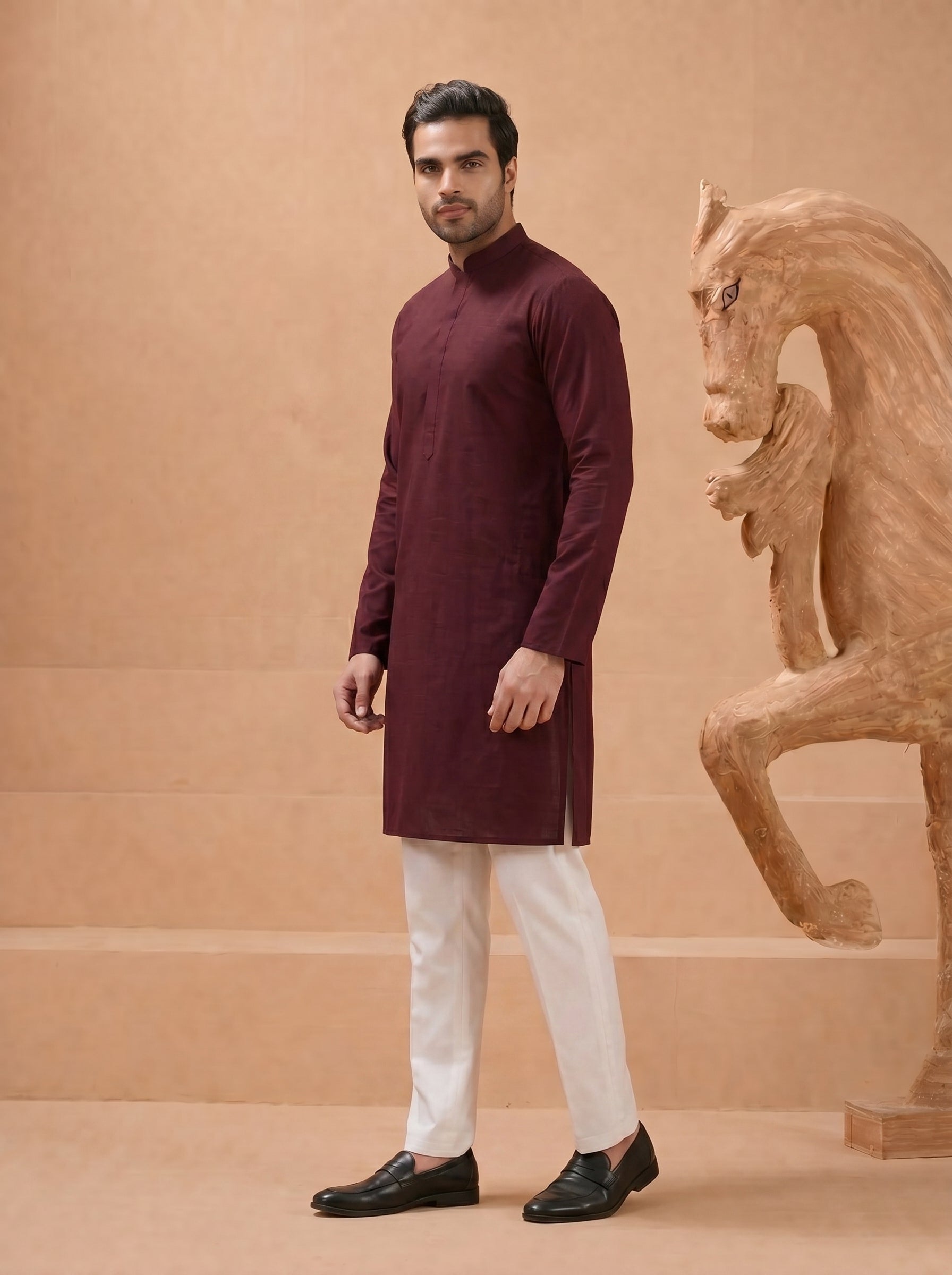 Aespen Rich Maroon Cotton Silk Kurta For Men - Aespenfashion.com