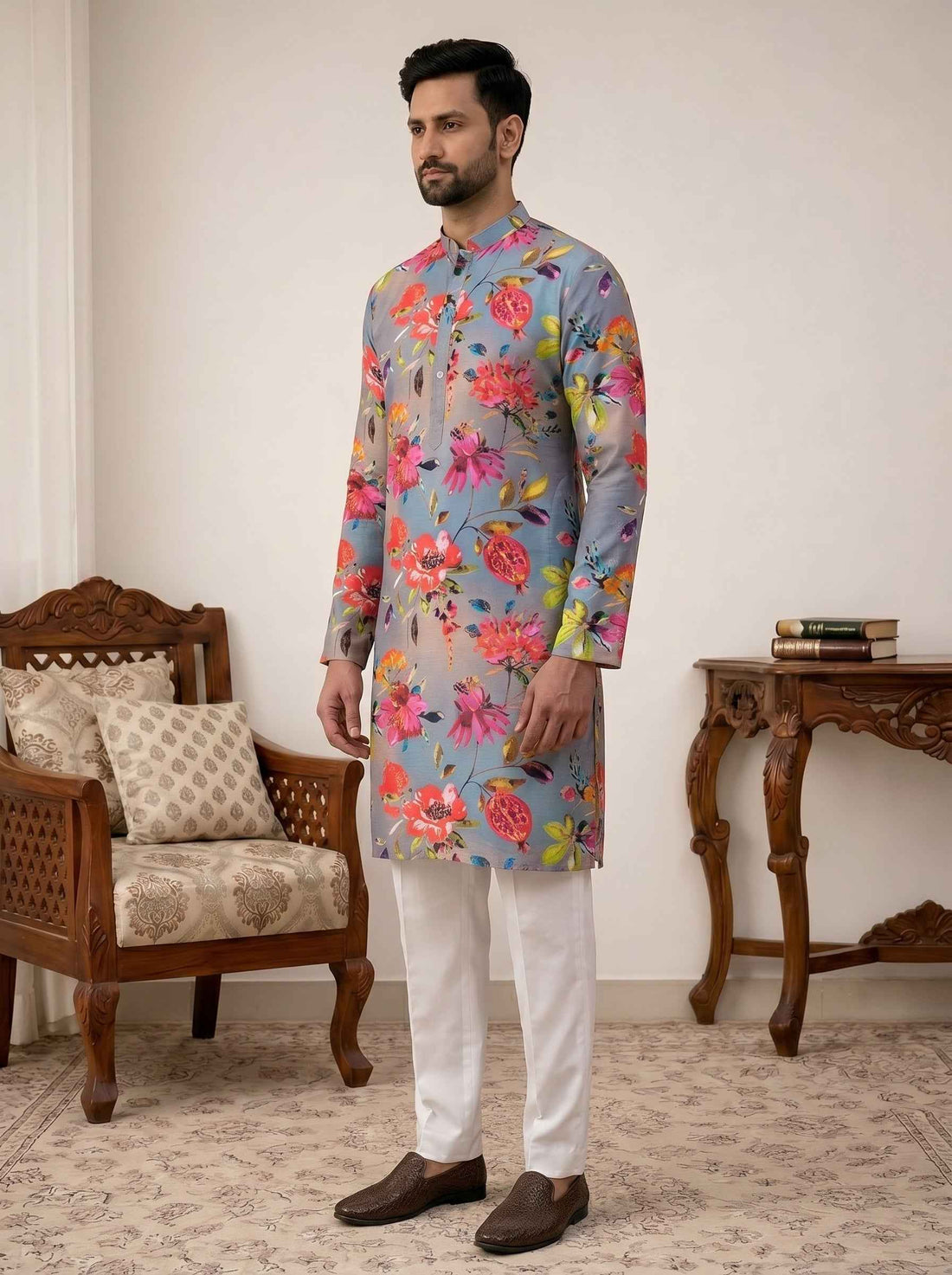 Aespen Ombre Grey Crepe Kurta For Men With Floral Motif