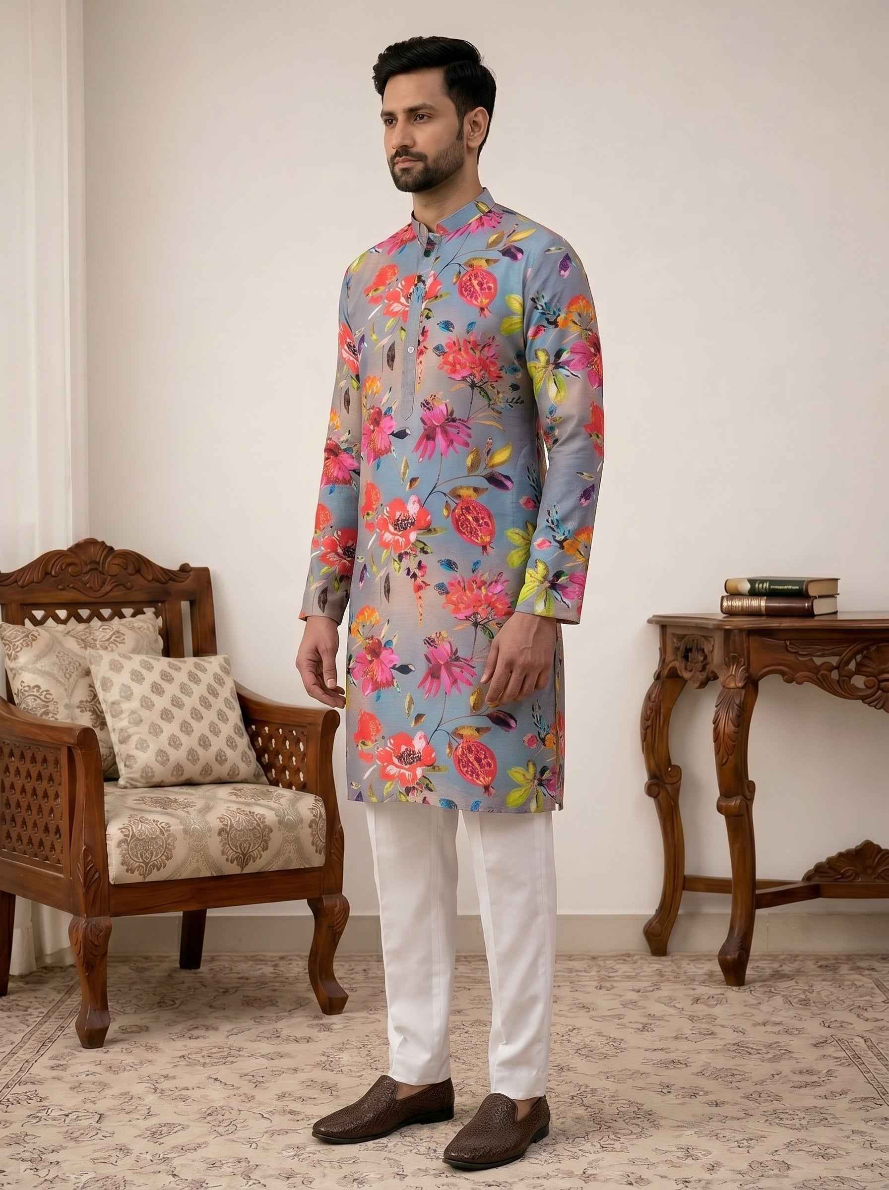 Aespen Ombre Grey Crepe Kurta For Men With Floral Motif