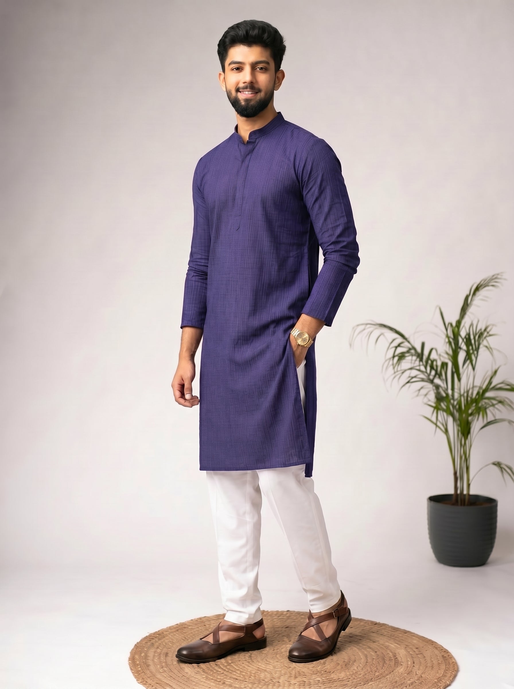Aespen Blue Kurta For Men With Textured Weave - Aespenfashion.com